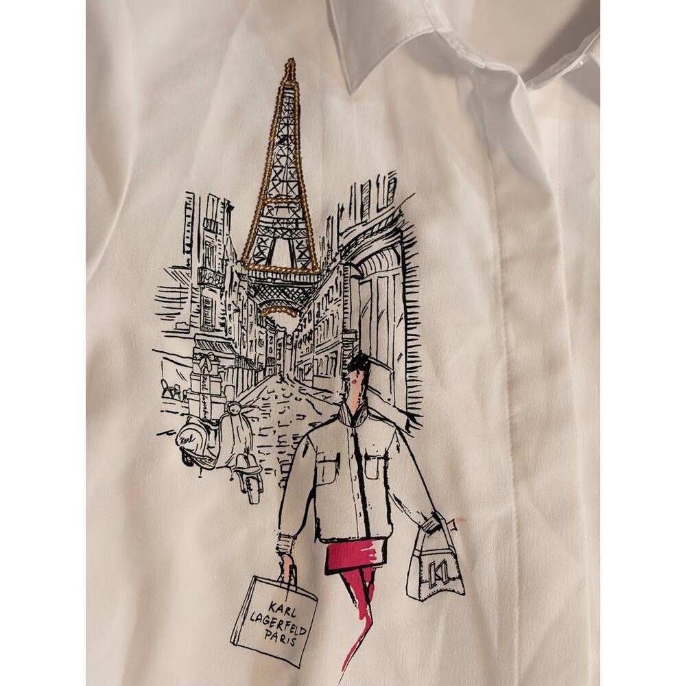 Karl Lagerfeld Paris Medium White Eiffel Tower Paris Graphic Blouse Embroidered - Picture 4 of 10